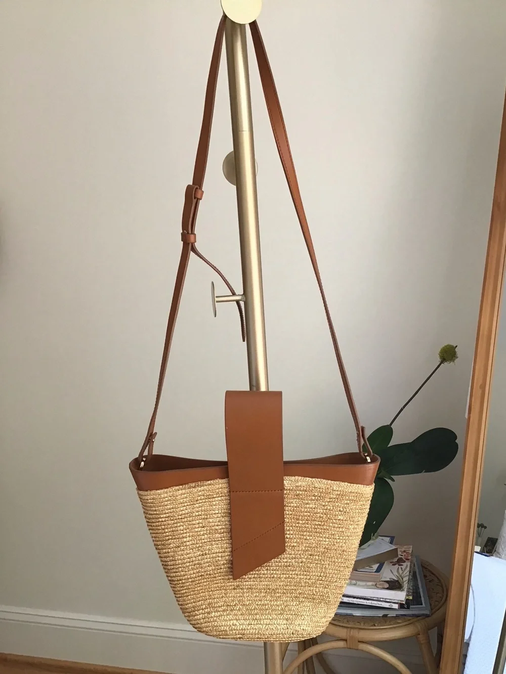 Leather-Trim Straw Bucket Crossbody Bag in Tan